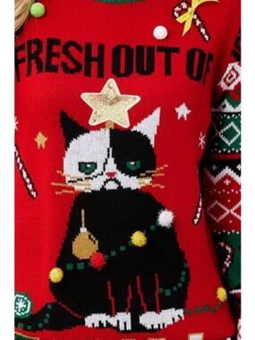 Fresh Out of Fa La Las Angry Cat Ugly Christmas Pom Pom Sequin Knit Sweater